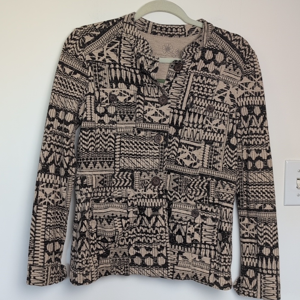 Charter Club Print Black and Tan Jacket Small 100% Cotton
